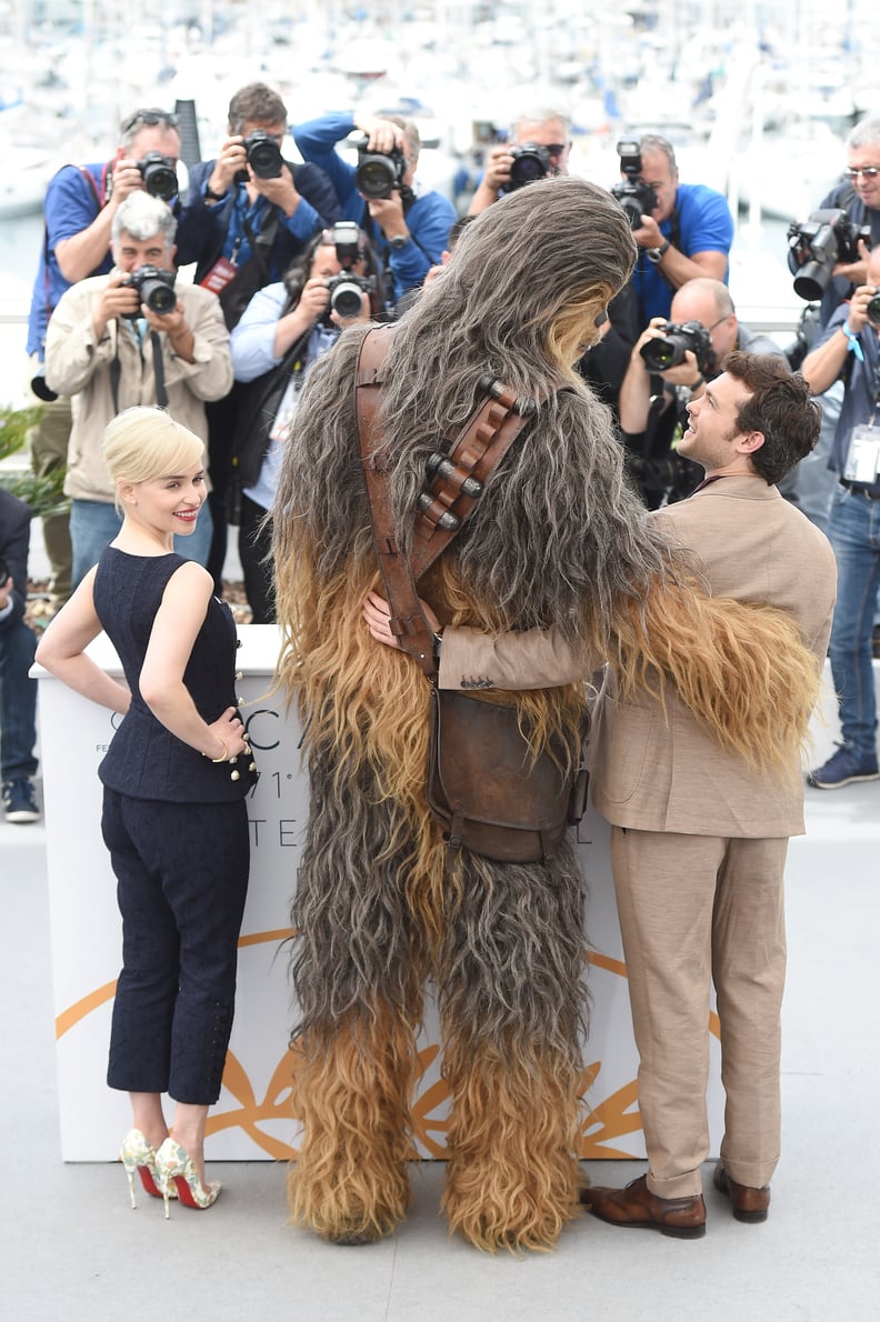 Emilia Clarke, Chewbacca, and Alden Ehrenreich