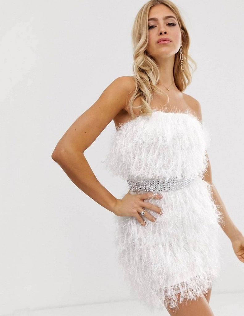 ASOS DESIGN Faux Feather Diamante Belt Mini Dress