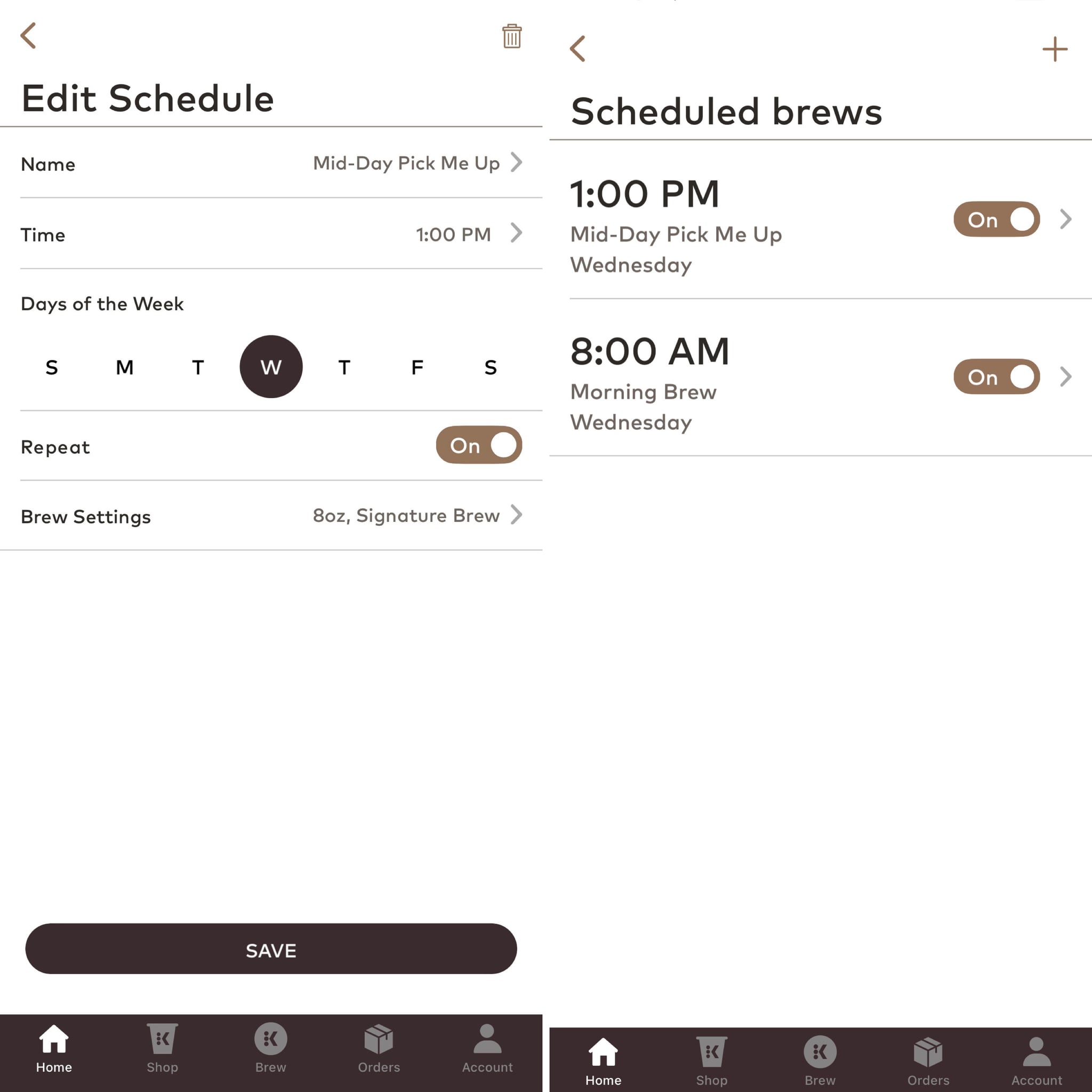 Screenshot picture of the Keurig app for the K-Cafe Smart Coffee Machine. Left side shows the scheduling customization options and the right side shows the users scheduled brews.