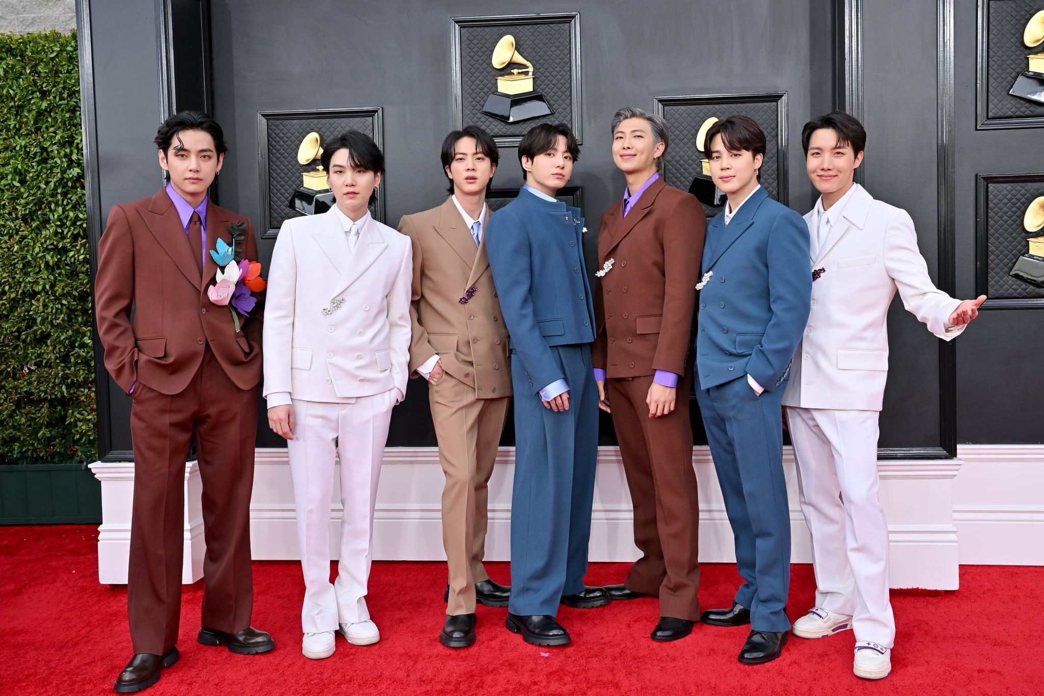 LAS VEGAS, NEVADA - APRIL 03: (L-R) V, Suga, Jin, Jungkook, RM, Jimin and J-Hope of BTS attends the 64th Annual GRAMMY Awards at MGM Grand Garden Arena on April 03, 2022 in Las Vegas, Nevada. (Photo by Axelle/Bauer-Griffin/FilmMagic)