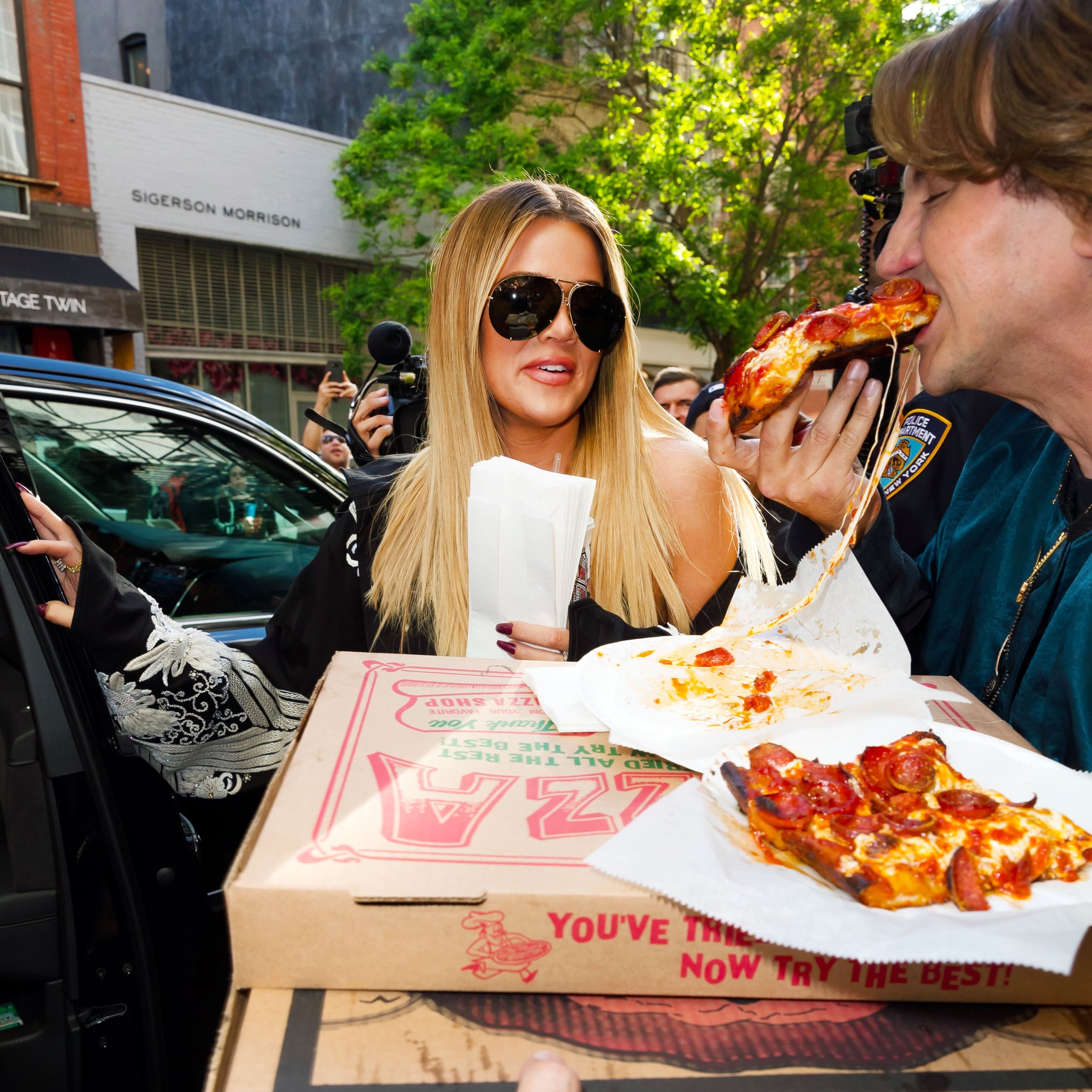 Kim Khloe Kardashian Eating Pizza NYC May 2017