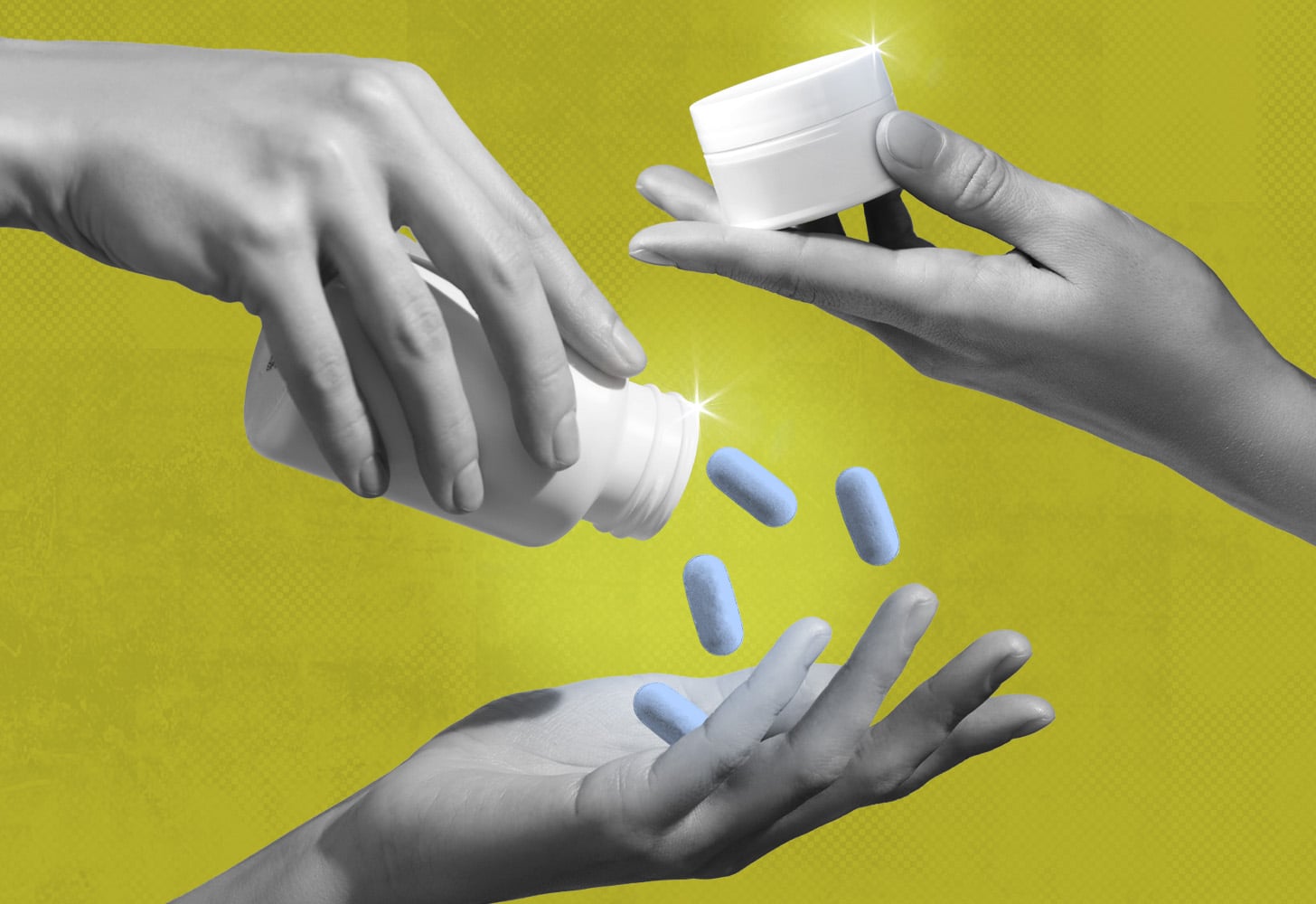 Collage of woman pouring pills and passing along a cream.