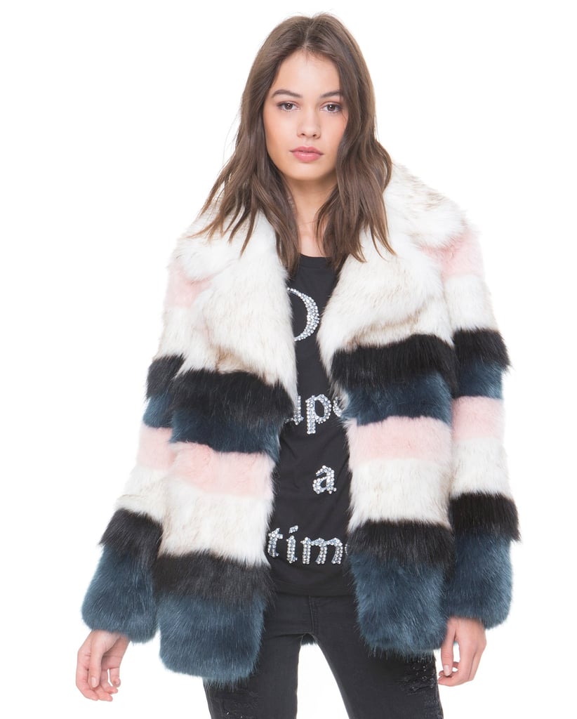 Take your stripe addiction into the cold-weather season with this Juicy Couture Striped Faux Fur Coat ($398).