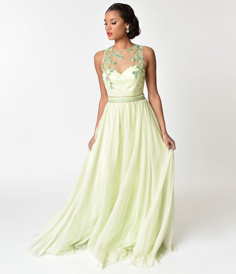 Lime Green Embellished Mesh Illusion Prom Gown