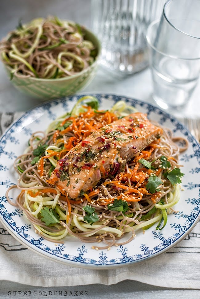 Honey-Soy Salmon With Soba Noodles, Zucchini, and Carrots