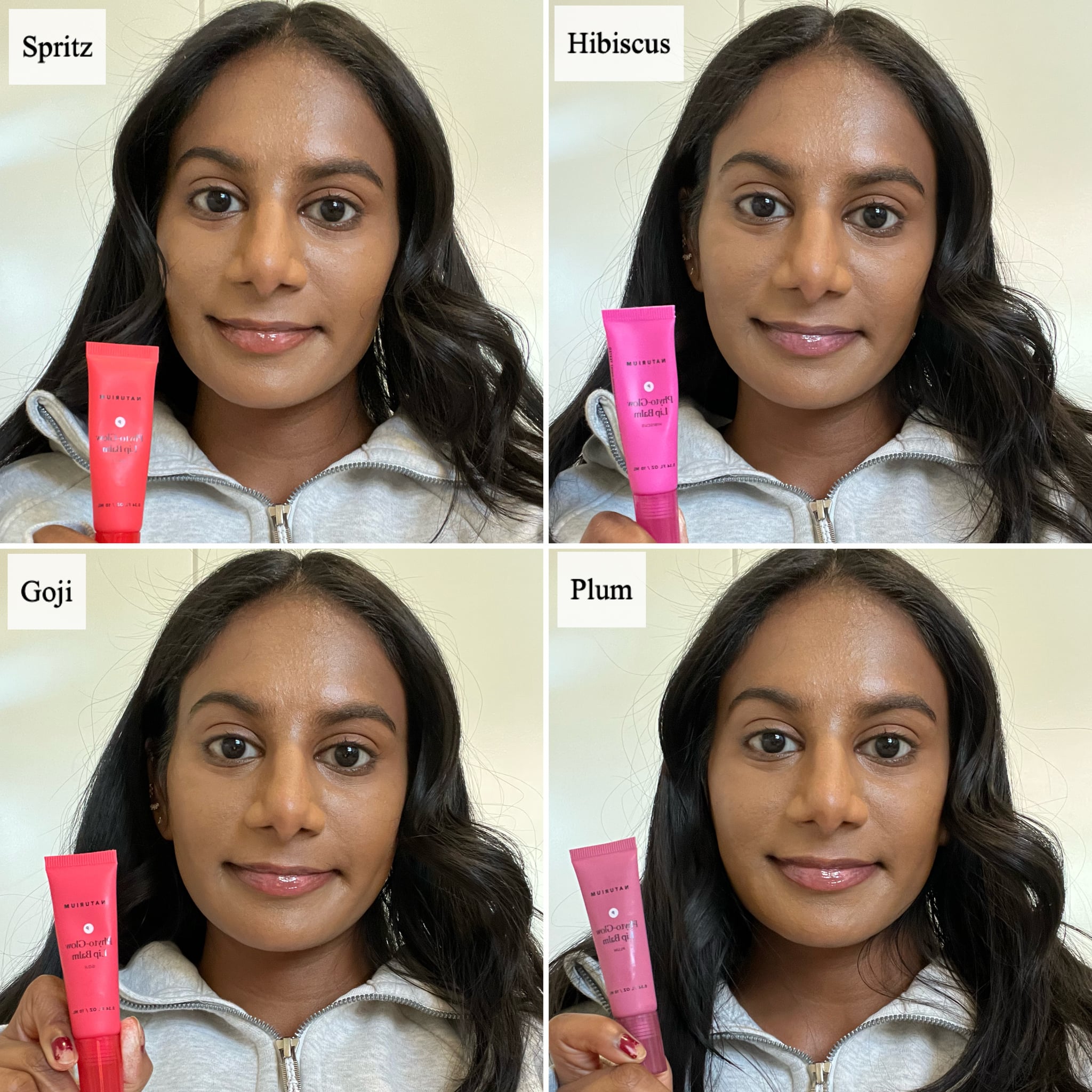 Woman trying out the Naturium Phyto-Glow Lip Balm in spritz, goji, hibiscus, plum.