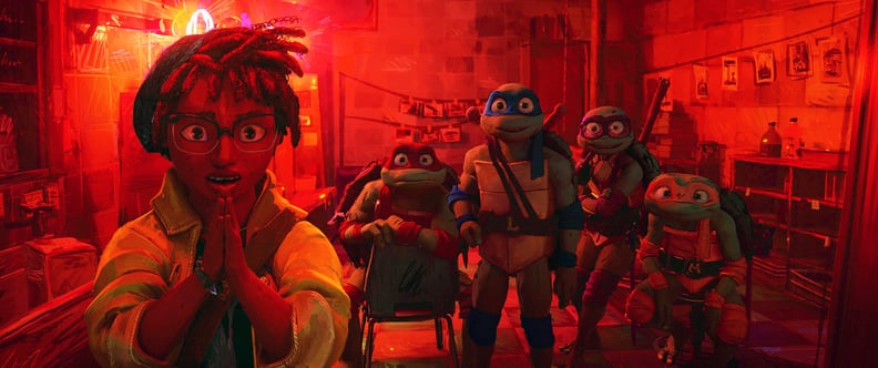 TEENAGE MUTANT NINJA TURTLES: MUTANT MAYHEM, from left: April O'Neil (voice: Ayo Edebiri), Raphael (voice: Brady Noon), Leonardo (voice: Nicolas Cantu), Donatello (voice: Micah Abbey), Michelangelo (voice: Shamon Brown Jr.), 2023.  Paramount Pictures / co