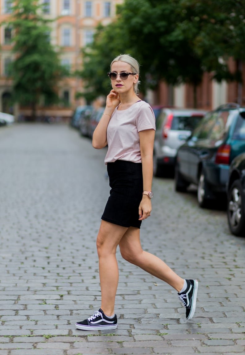 With a Simple T-Shirt and Black Miniskirt