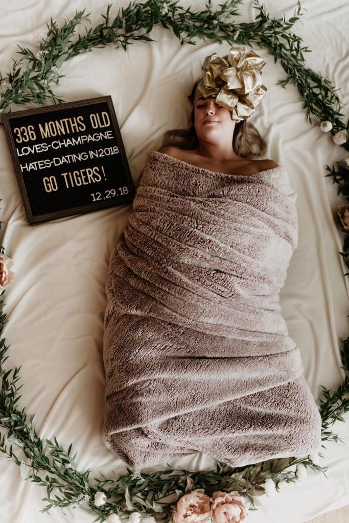 Woman's Funny 336 Month Birthday Swaddle Photo Shoot