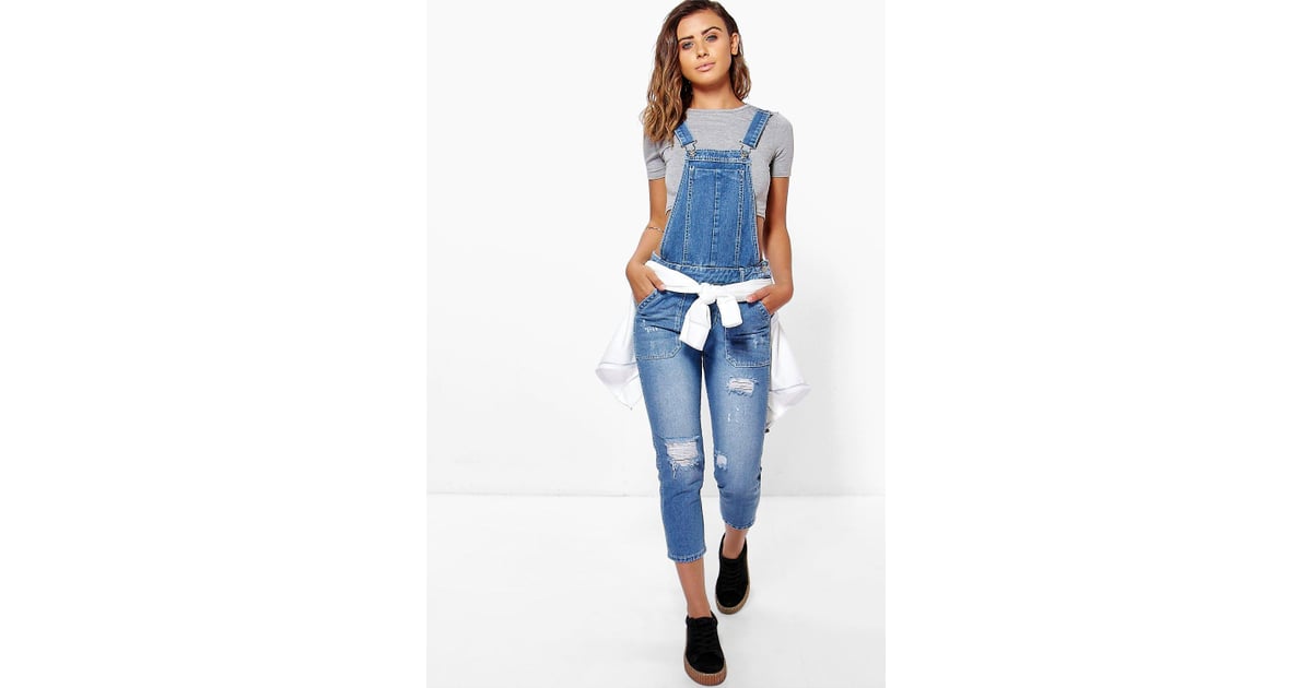 Boohoo Petite Mid Blue Distressed 3/4 Overall The Most Flattering