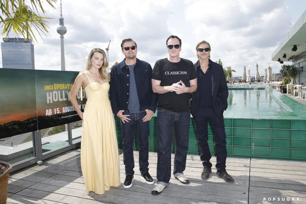 Margot Robbie, Leonardo DiCaprio, Quentin Tarantino, and Brad Pitt at the Once Upon a Time in Hollywood photocall in Berlin.