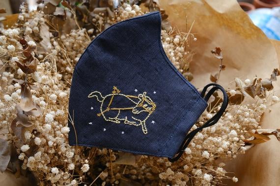 Hand Embroidered Zodiac Sign Linen Mask with Pocket