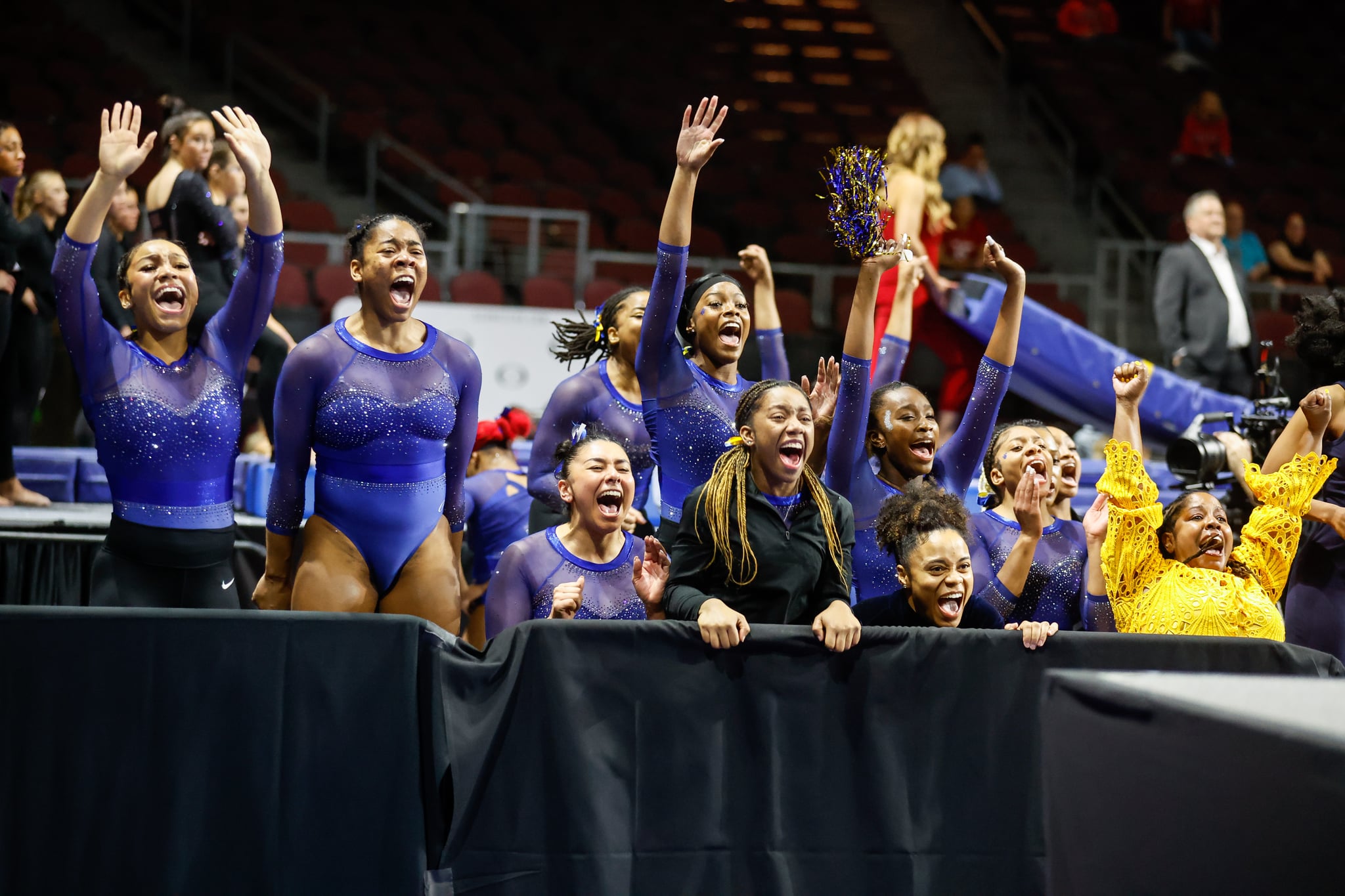 LAS VEGAS, NV - JANUARY 06:  Fisk University gymnasts cheer on their teammate during a meet at the Orleans Arena on January 6, 2023 in Las Vegas, Nevada. (Photo by Stew Milne/Getty Images)