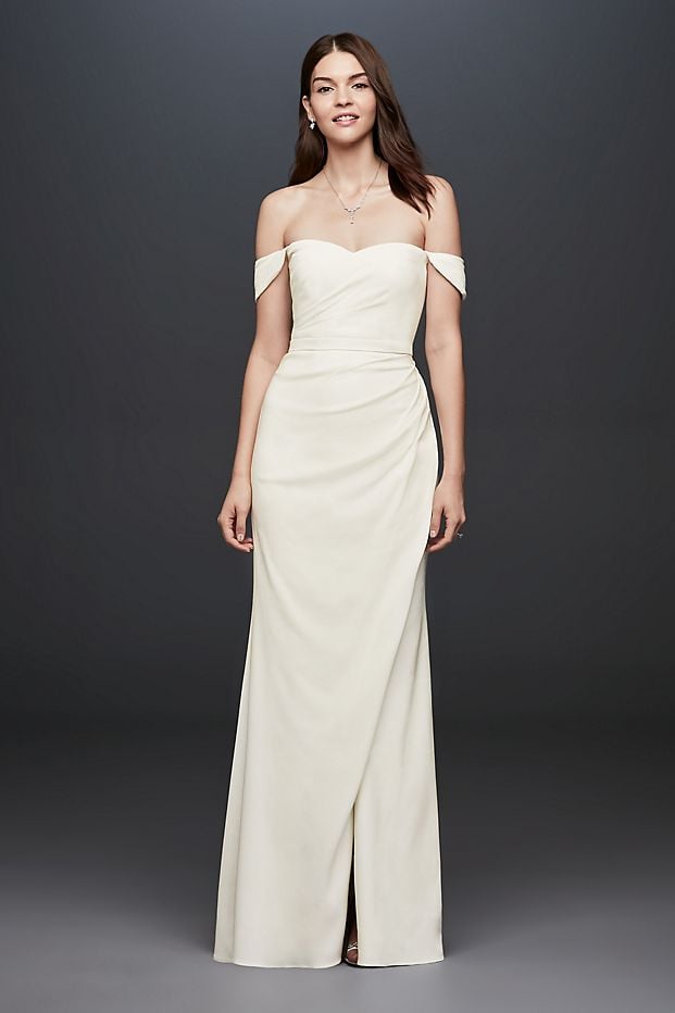 David's Bridal Draped Off-the-Shoulder Crepe Sheath Gown