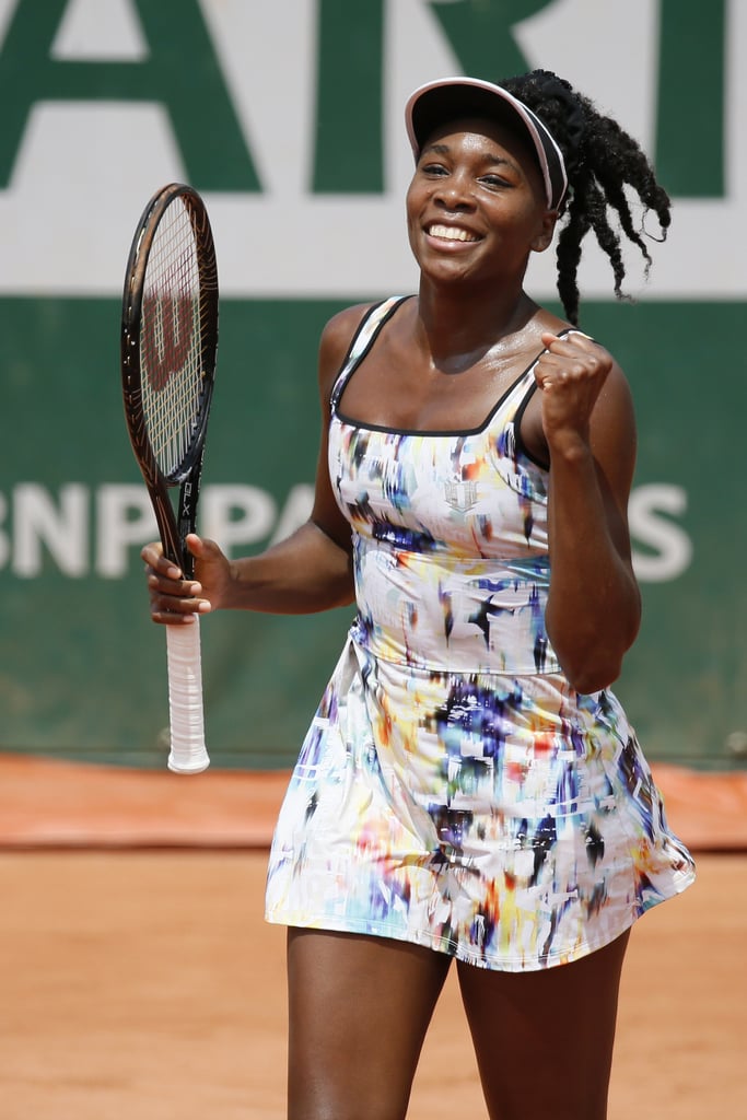 This multicolor dress was a standout look for Venus WIlliams, who was all smiles after winning her opening match at the 2014 French Open.