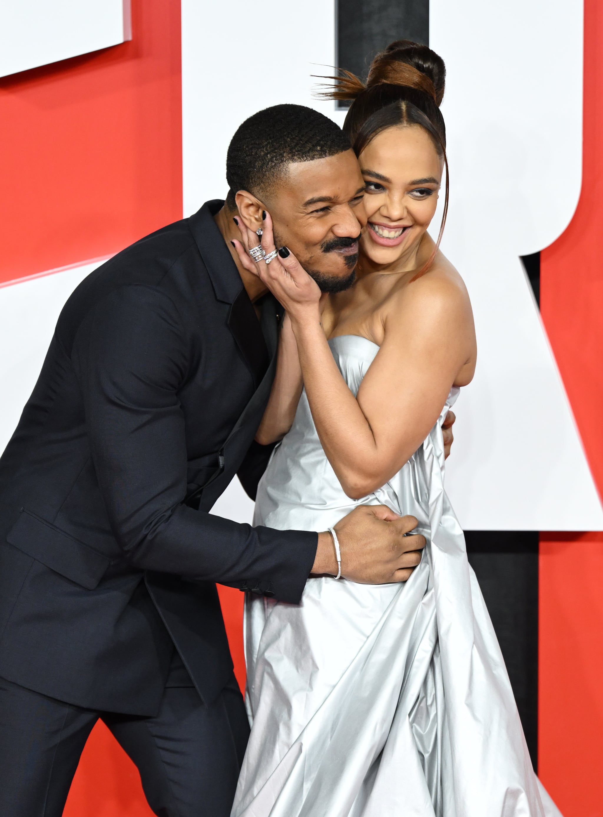 LONDON, ENGLAND - FEBRUARY 15: Michael B. Jordan and Tessa Thompson attend the 