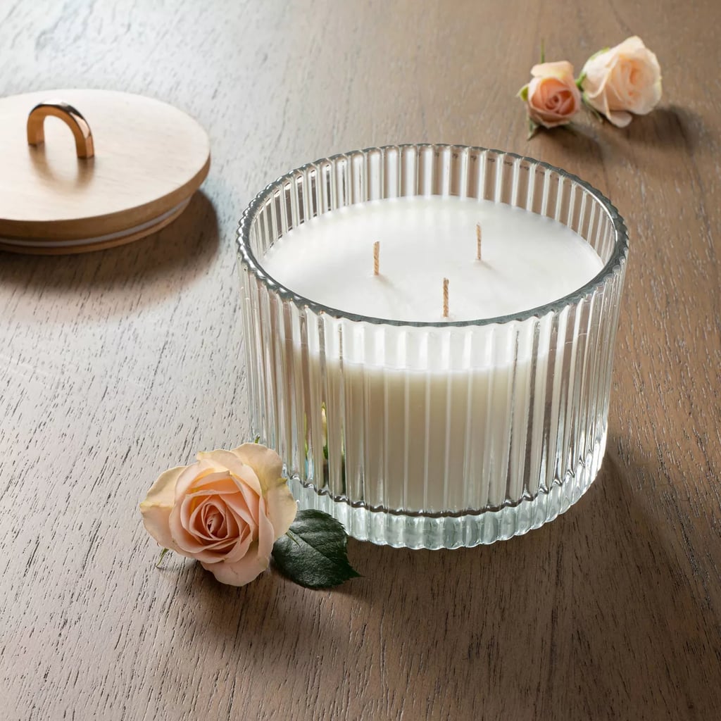 Wood Lidded Ribbed Glass Three-Wick Masala Rose Candle