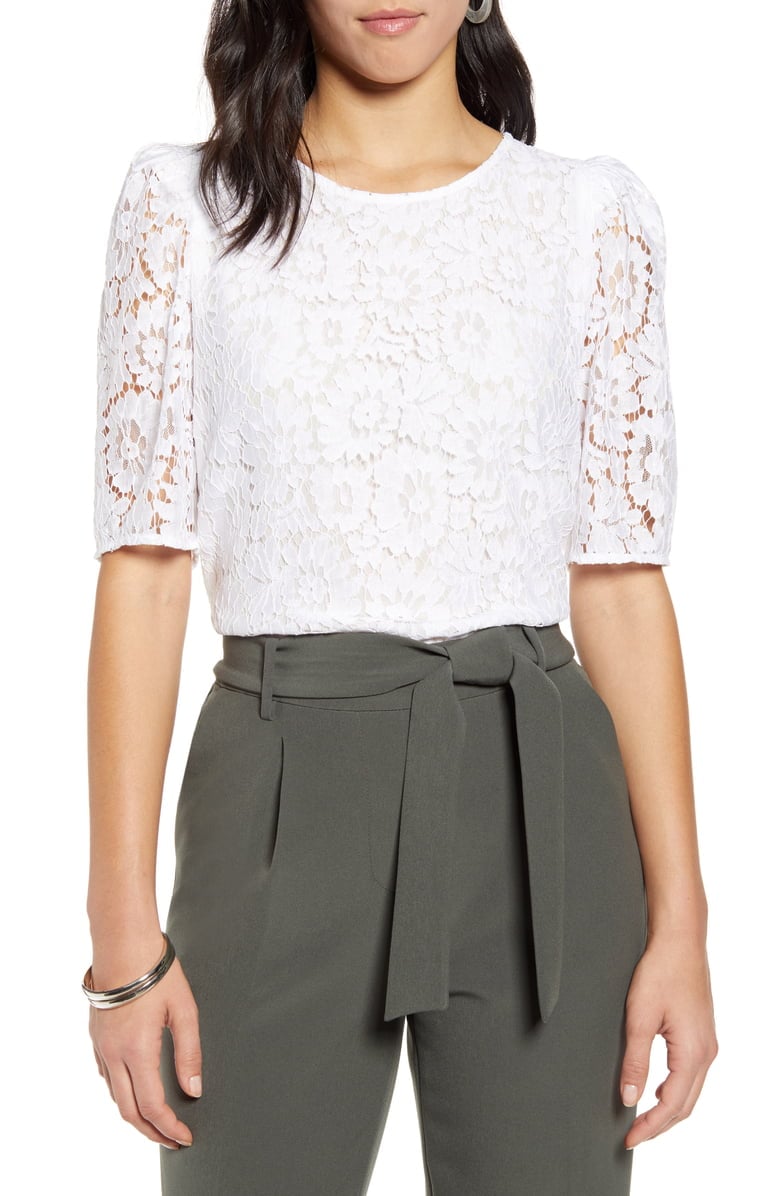 Halogen Puff-Sleeve Lace Top