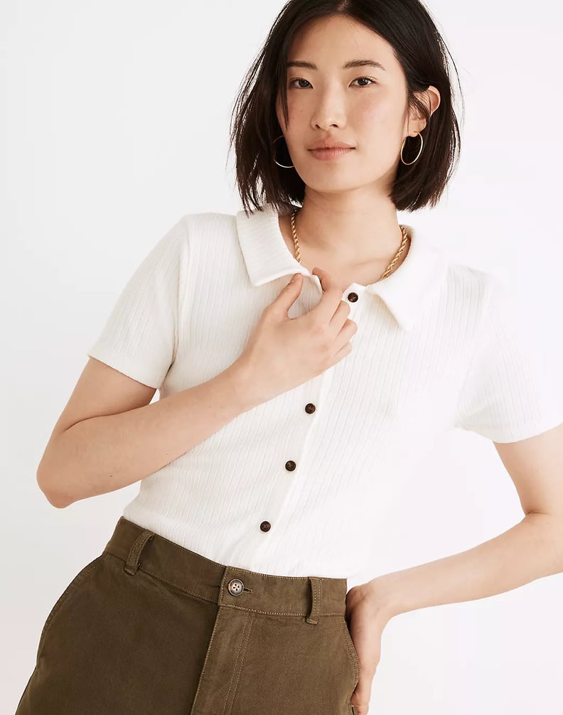 For Sporty Vibes: Ribbed Polo Button-Front Tee