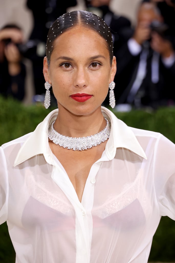 Alicia Keys' Studded Chignon and Red Lip