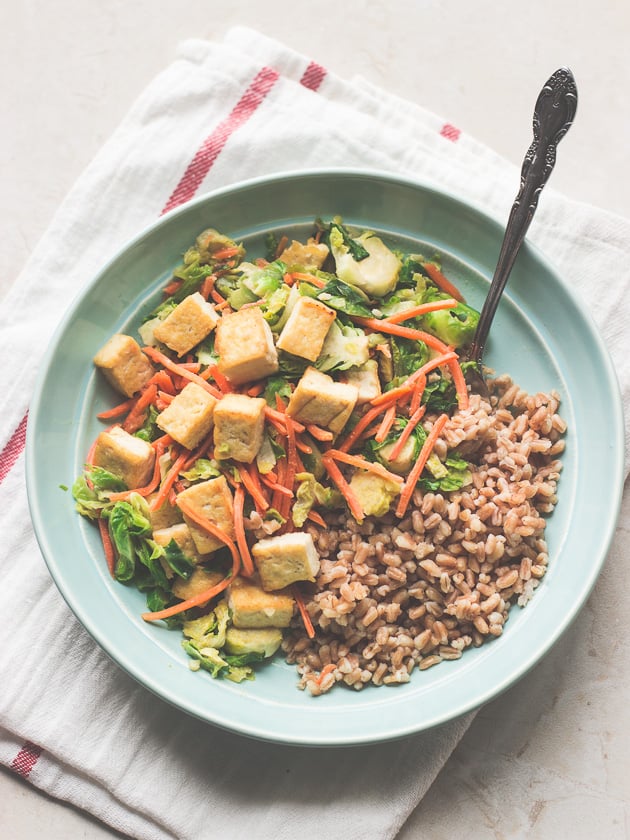 Tofu and Brussels Sprouts in Miso Sauce With Farro