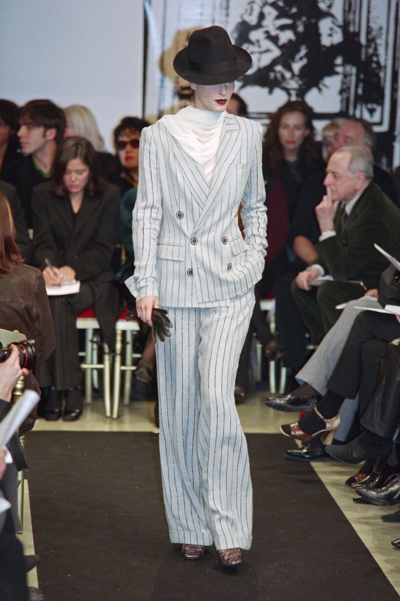 Lady Gaga's Vintage Jean Paul Gaultier Pinstripe Suit on the Runway in 1997