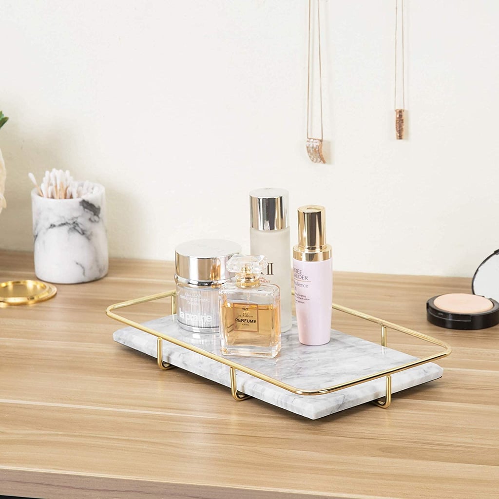 MyGift Marble Vanity Organizer Tray with Polished Gold-Tone Metal Rail