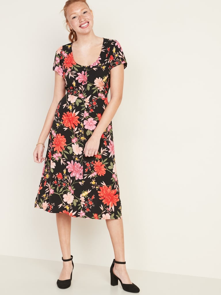 Fit & Flare Printed Button-Front Midi Dress