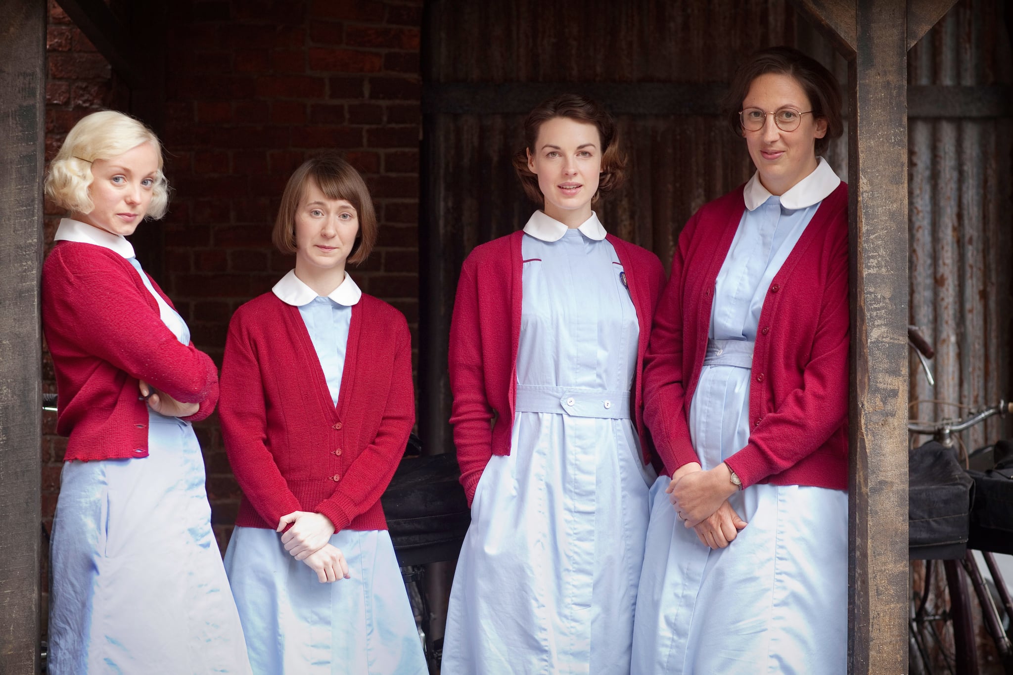 CALL THE MIDWIFE, (from left): Helen George, Bryony Hannah, Jessica Raine, Miranda Hart, (Season 2),  2012-. photo: Laurence Cendrowicz Neal Street Prod./PBS / Courtesy: Everett Collection