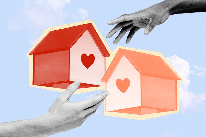 Designed Image of Two Separate Orange Houses With Hands Reaching Out Toward Each Other