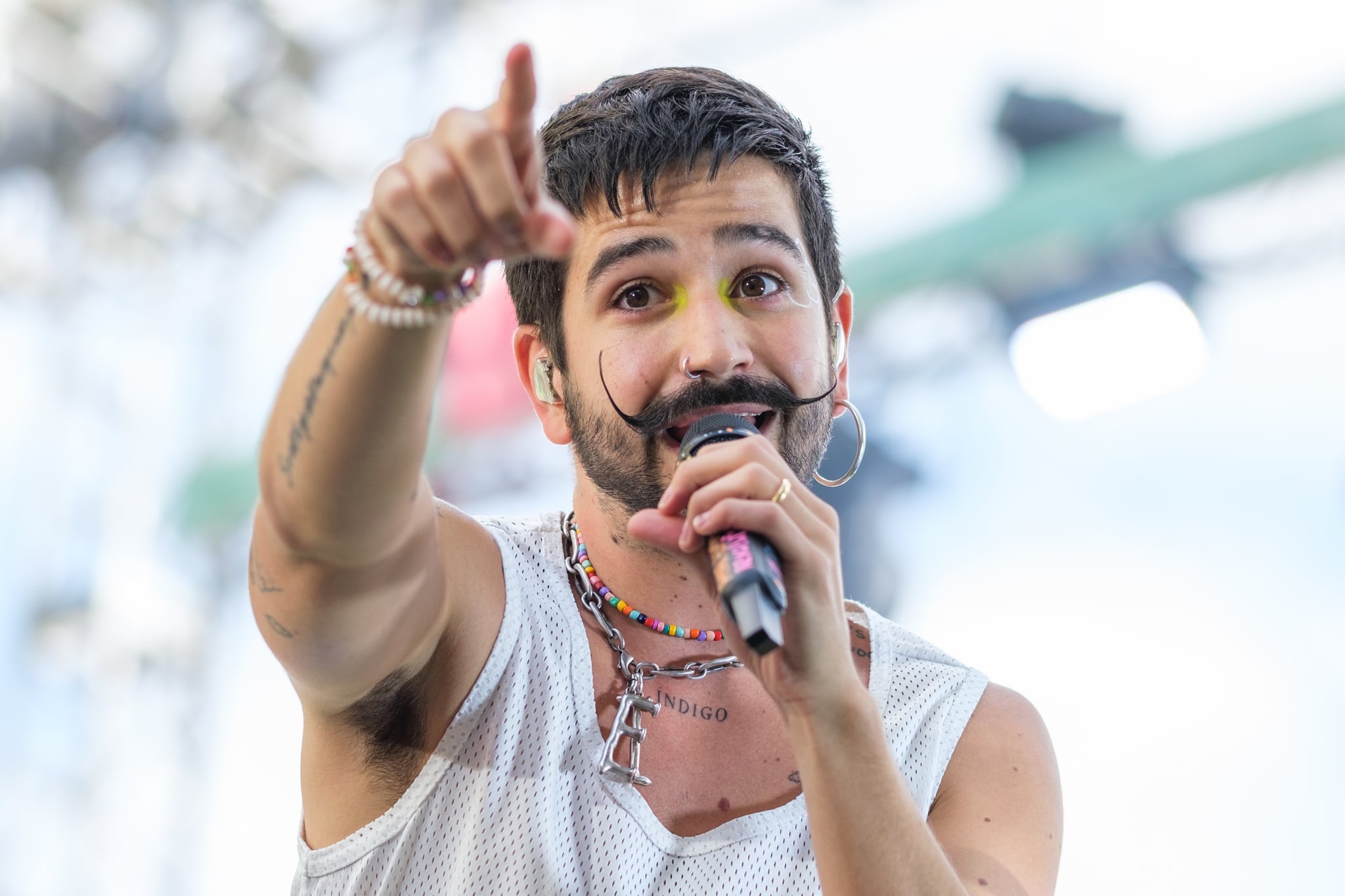 MADRID, SPAIN - 2022/10/09: Colombian musician Camilo Andrés Echeverry Correa, better known as Camilo, performs during the concert of the Hispanic Heritage Festival at Puerta de Alcalá in Madrid. (Photo by Atilano Garcia/SOPA Images/LightRocket via Getty Images)