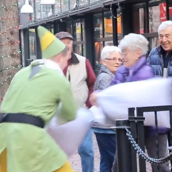 Man Dressed as Buddy the Elf Has Pillow Fights