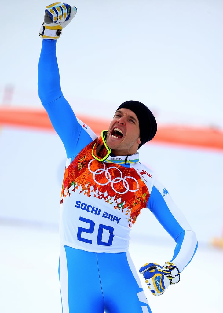 After winning the silver medal for the alpine skiing men's downhill event, Christof Innerhofer of Italy pumped his fist in the air.