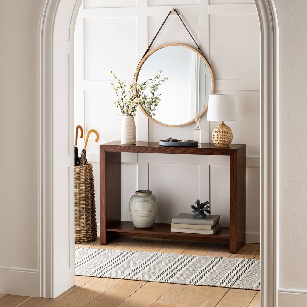 A Round Mirror: Wood Mirror With Pleather Strap Hanger