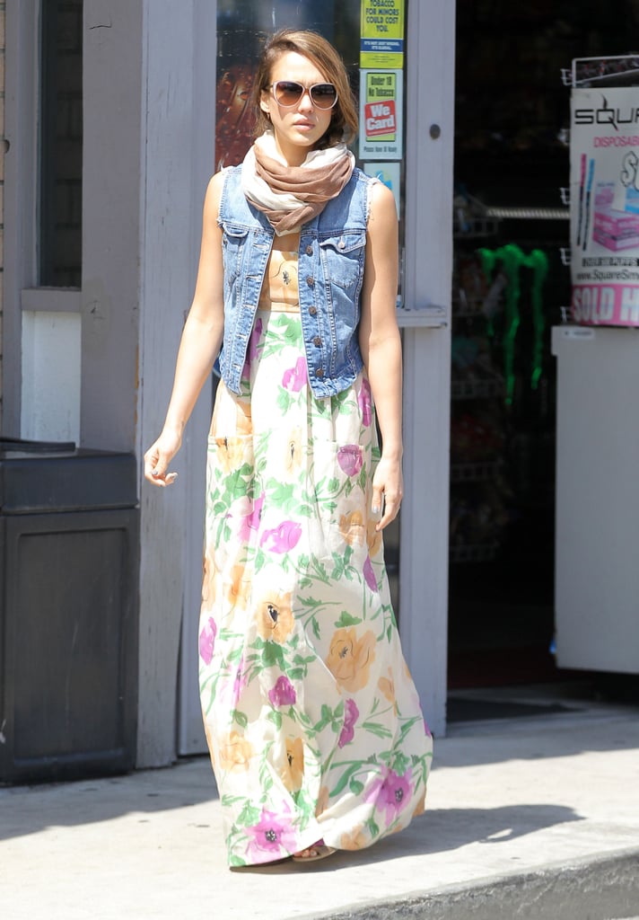 Jessica exuded Spring in a floral Karen Zambos maxi, a denim Genetic Denim vest, and a two-toned wrap scarf in LA.