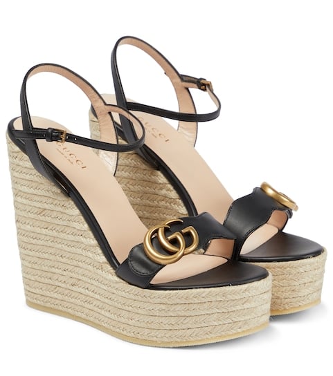 Gucci Double GG Leather Espadrille Wedge Sandals