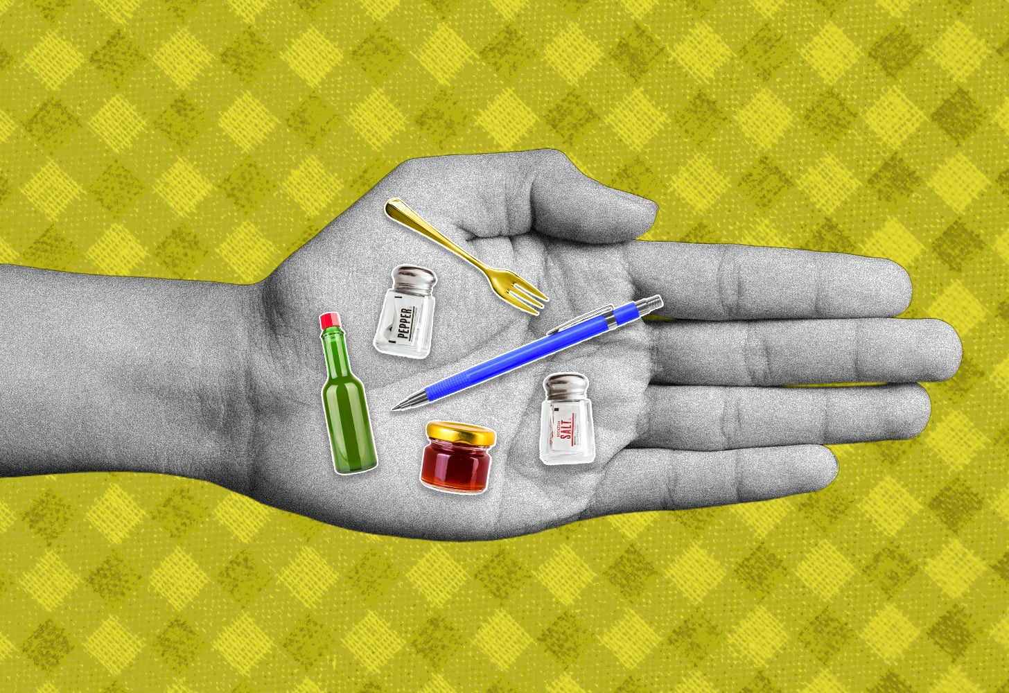 Designed Image of a Hand Holding a Salt Shaker, Fork, Pen, Honey, and Hot Sauce on Green Background