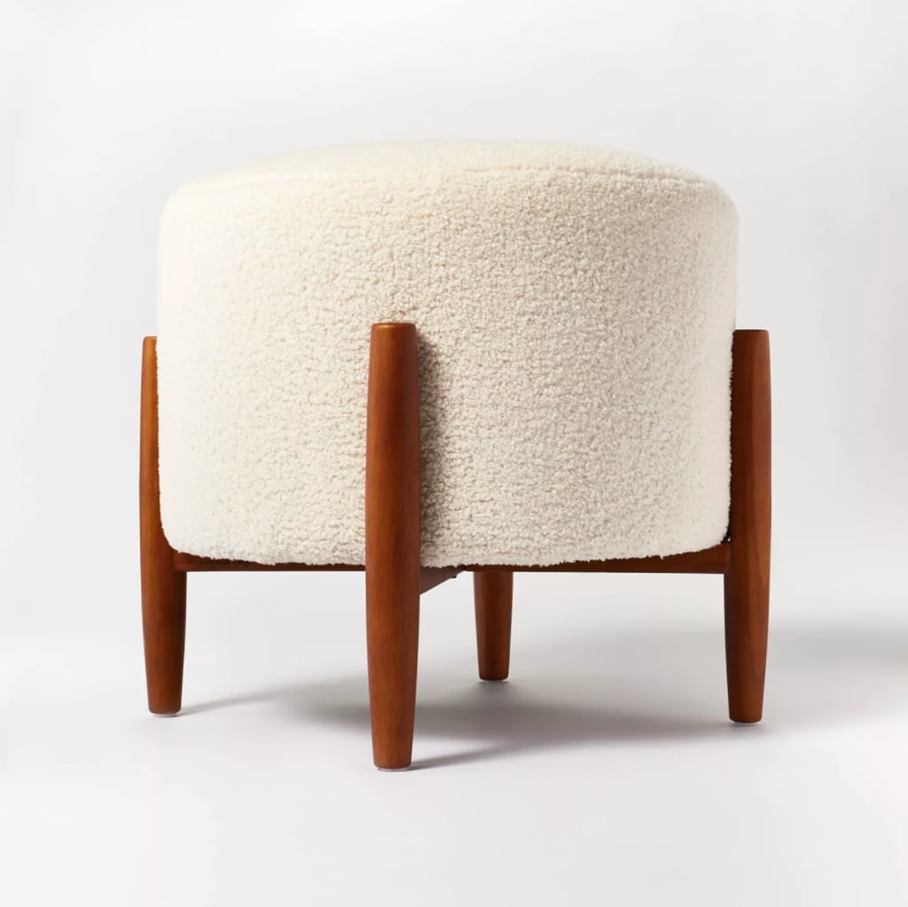 Elroy Sherpa Round Ottoman With Wood Legs