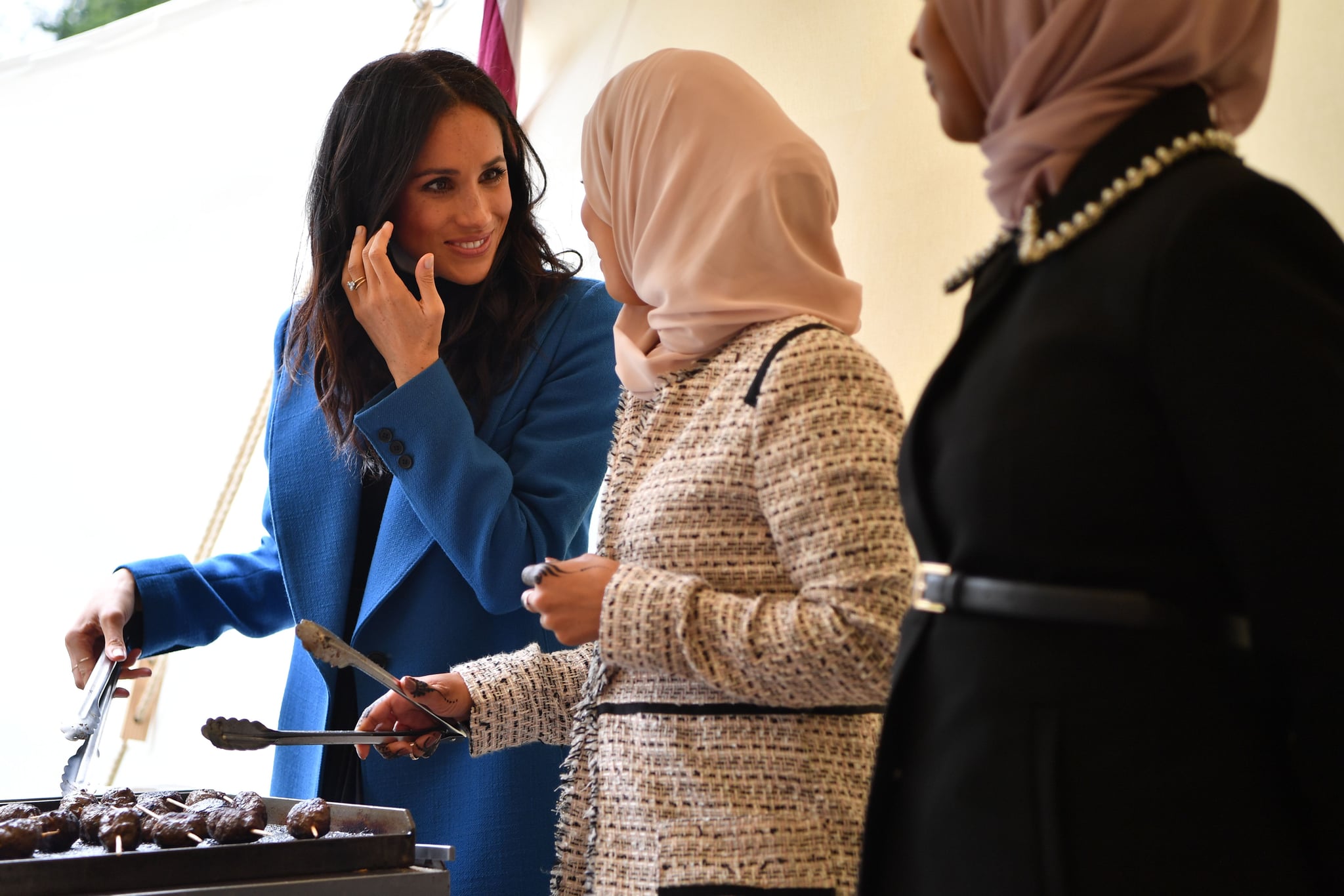 Meghan Markle Blue Coat Cookbook Party Popsugar Fashion