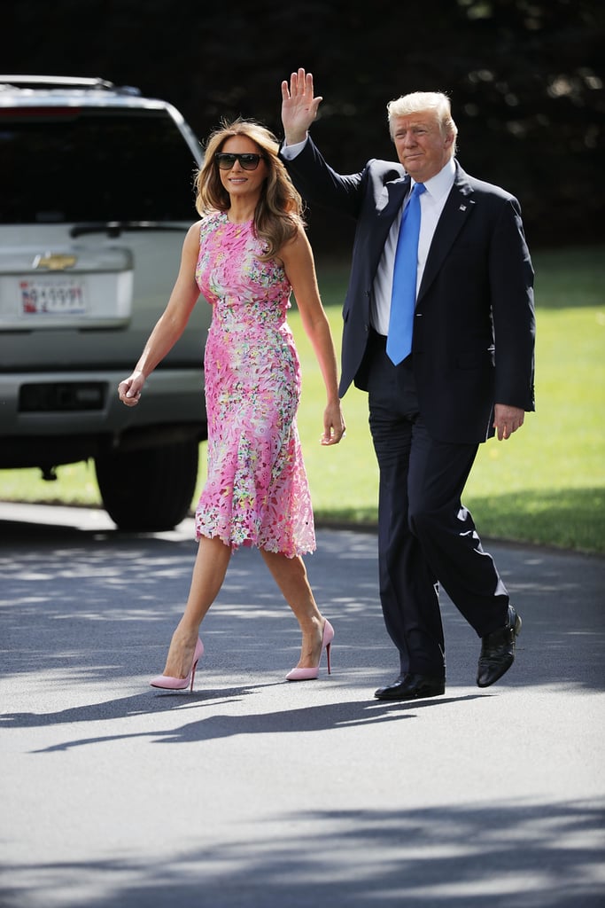When the Trumps left the White House to participate in a rally in July 2017, Melania wore a bright pink Monique Lhuillier dress with matching Christian Louboutin pumps.