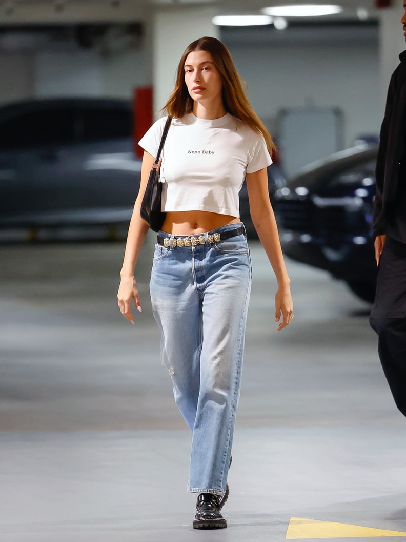 Hailey Bieber rocks crop top and low-rise jeans in LA