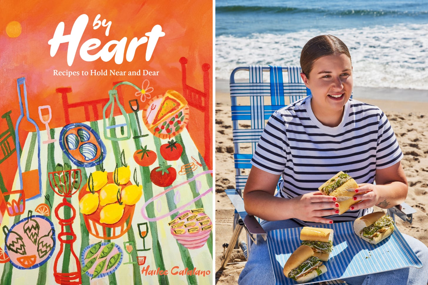 TikTok chef Hailee Catalano's new cookbook By Heart featuring an illustrated tableau on the cover, side by side with an image of Hailee eating a sandwich on a blue beach chair in front of the ocean