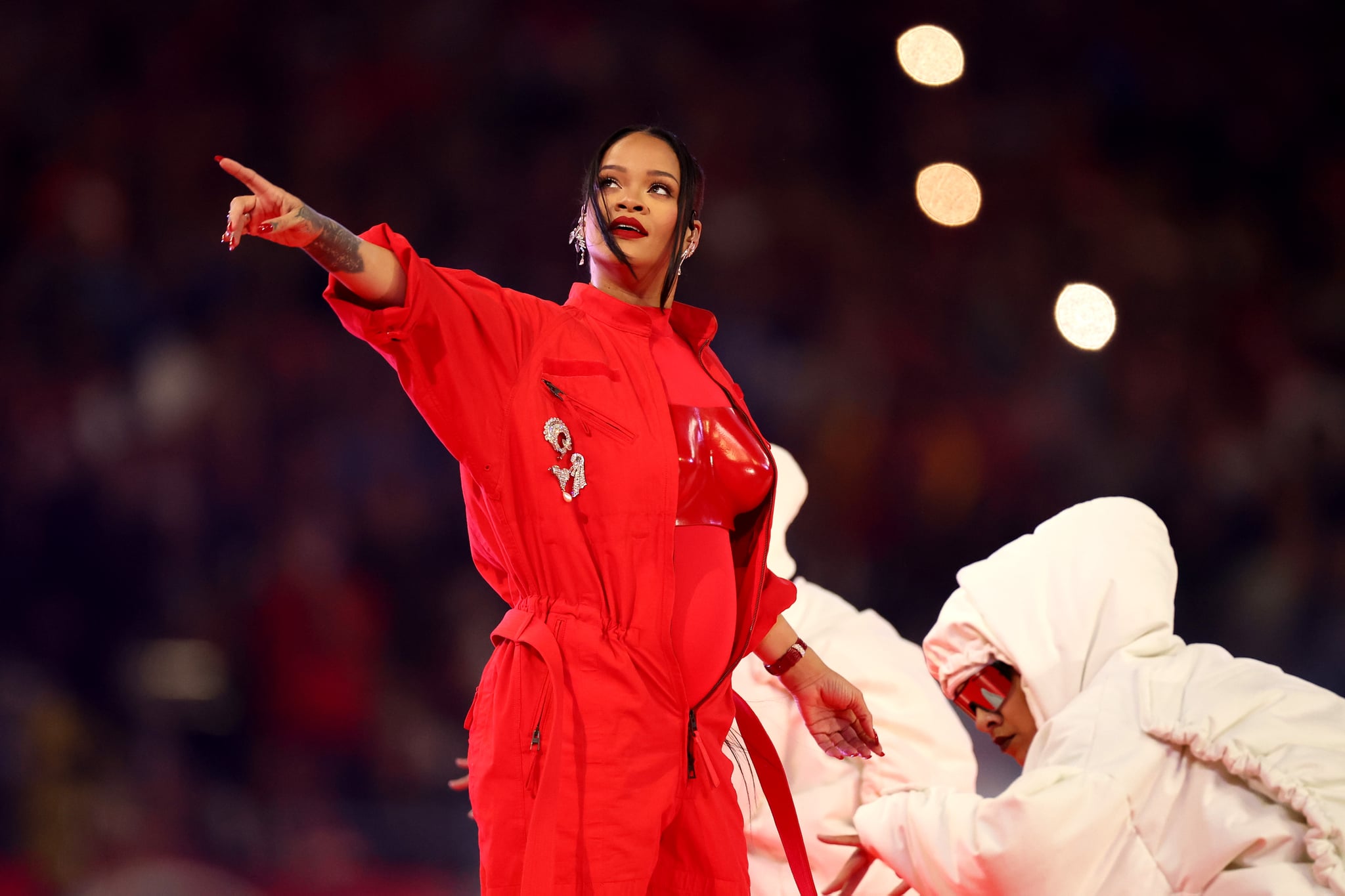 GLENDALE, ARIZONA - FEBRUARY 12: Rihanna performs onstage during the Apple Music Super Bowl LVII Halftime Show at State Farm Stadium on February 12, 2023 in Glendale, Arizona. (Photo by Ezra Shaw/Getty Images)