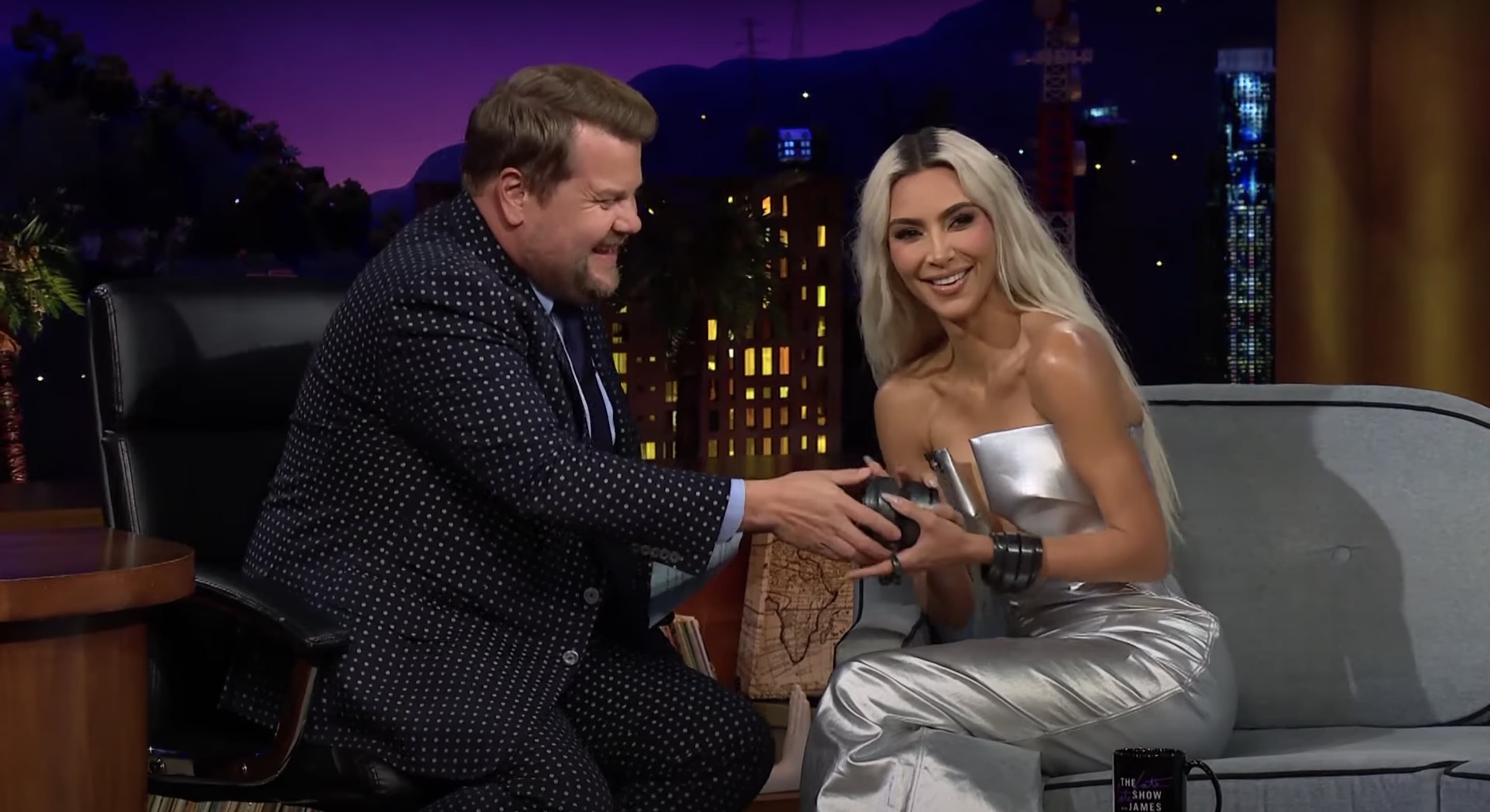 Kim Kardashian's Metallic Cutout Dress on James Corden | PS Fashion