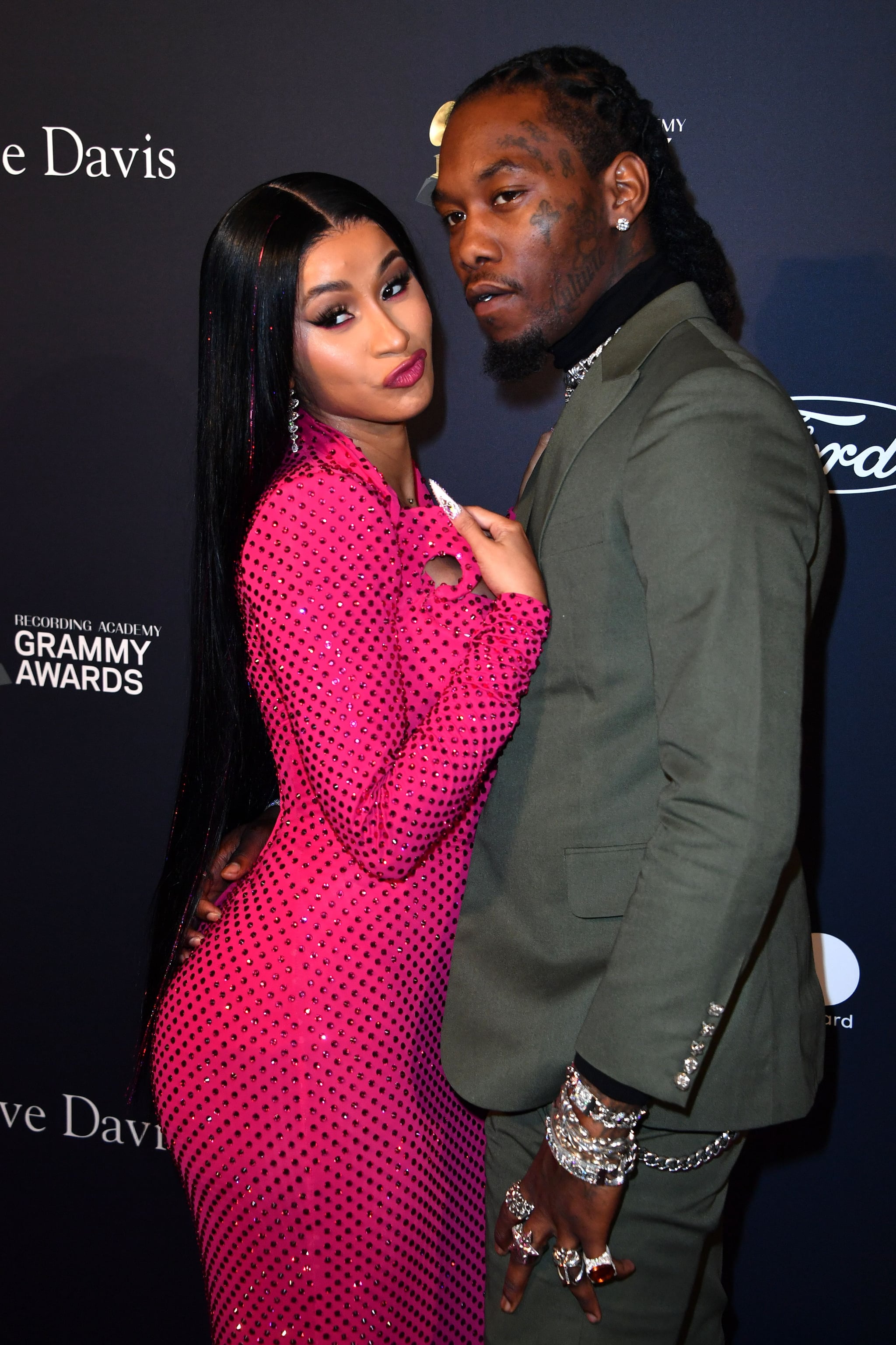 US rapper Cardi B and boyfriend Offset arrive for the Recording Academy and Clive Davis pre-Grammy gala at the Beverly Hilton hotel in Beverly Hills, California on January 25, 2020. (Photo by Mark RALSTON / AFP) (Photo by MARK RALSTON/AFP via Getty Images)