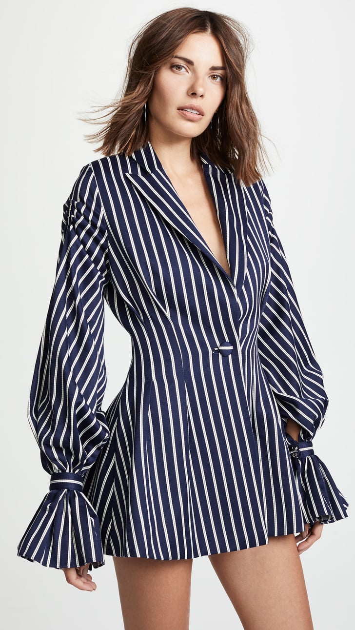 Vatanika Pinstripe Ruffle Blazer Dress | Emily Ratajkowski Pinstripe