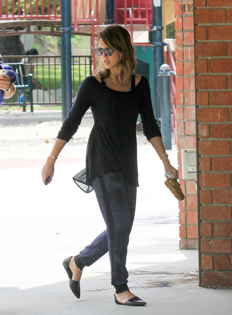 Jessica Alba in Navy Printed Jogger Pants