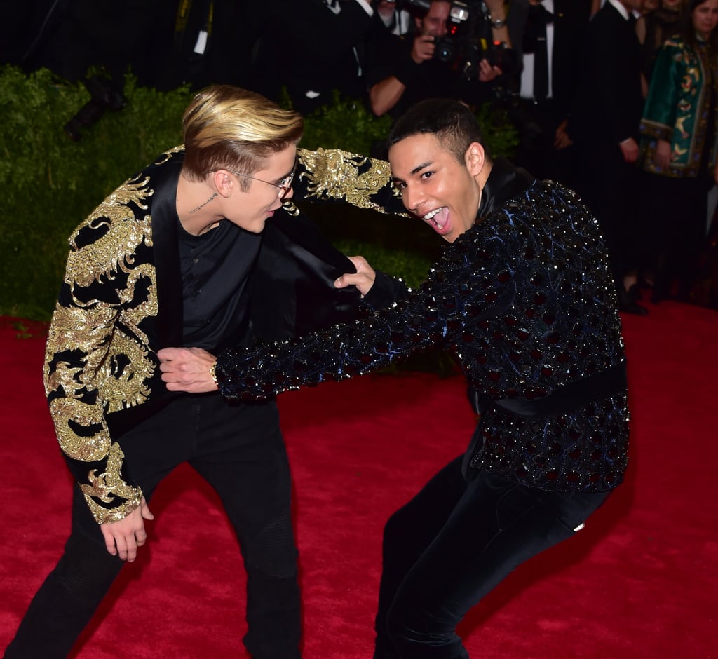 Justin Bieber and Balmain designer Olivier Rousteing clowned around on the red carpet.