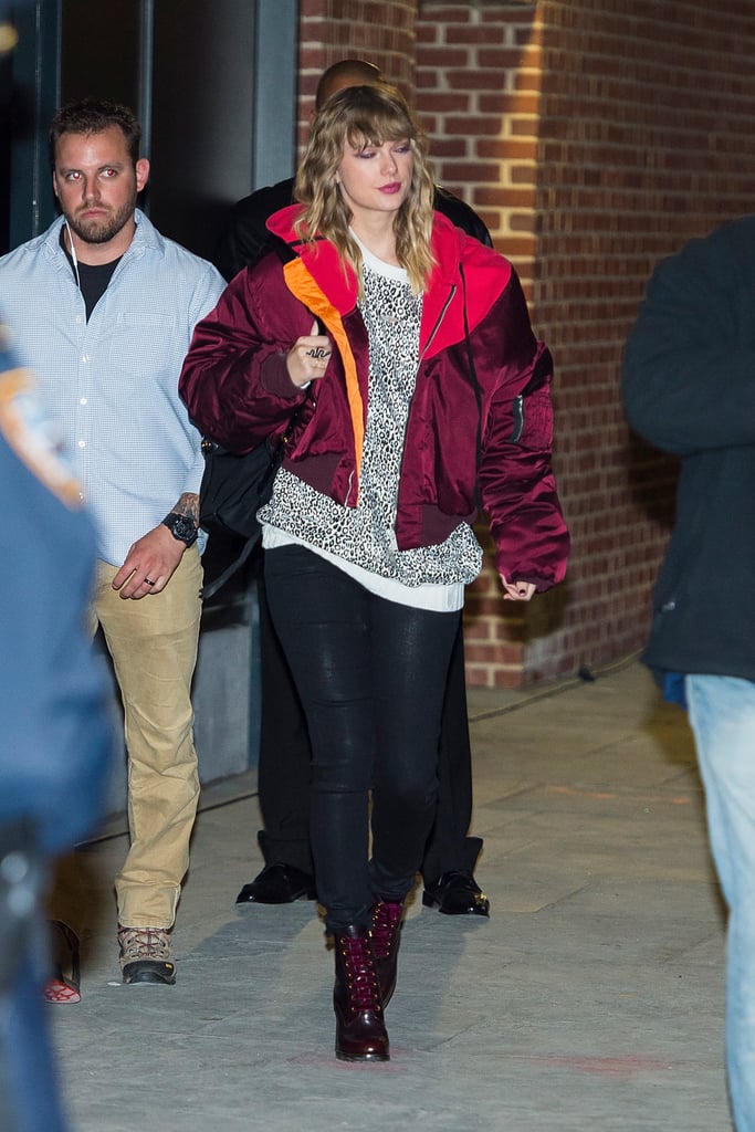 Taylor Swift Wearing Red Bomber Jacket