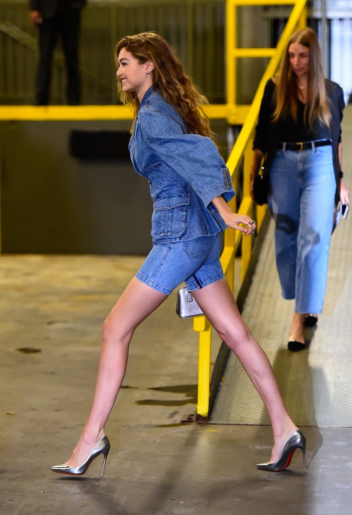 Gigi Hadid Denim Shorts Suit With Silver Shoes and Bag